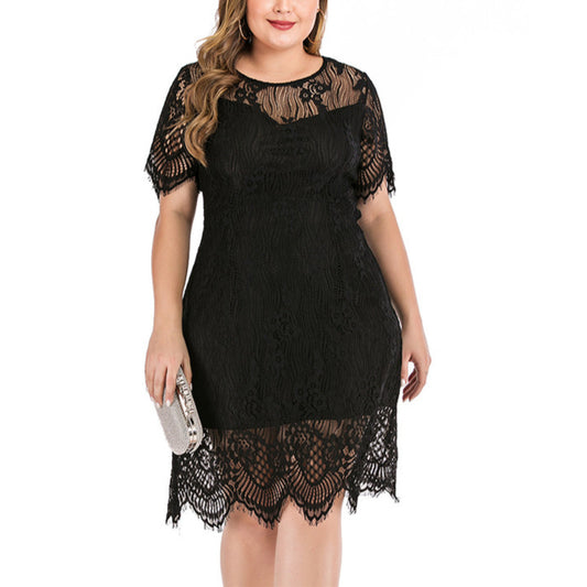 Round Neck Short Sleeve Lace Elegant Curvy Dresses Wholesale Plus Size Clothing