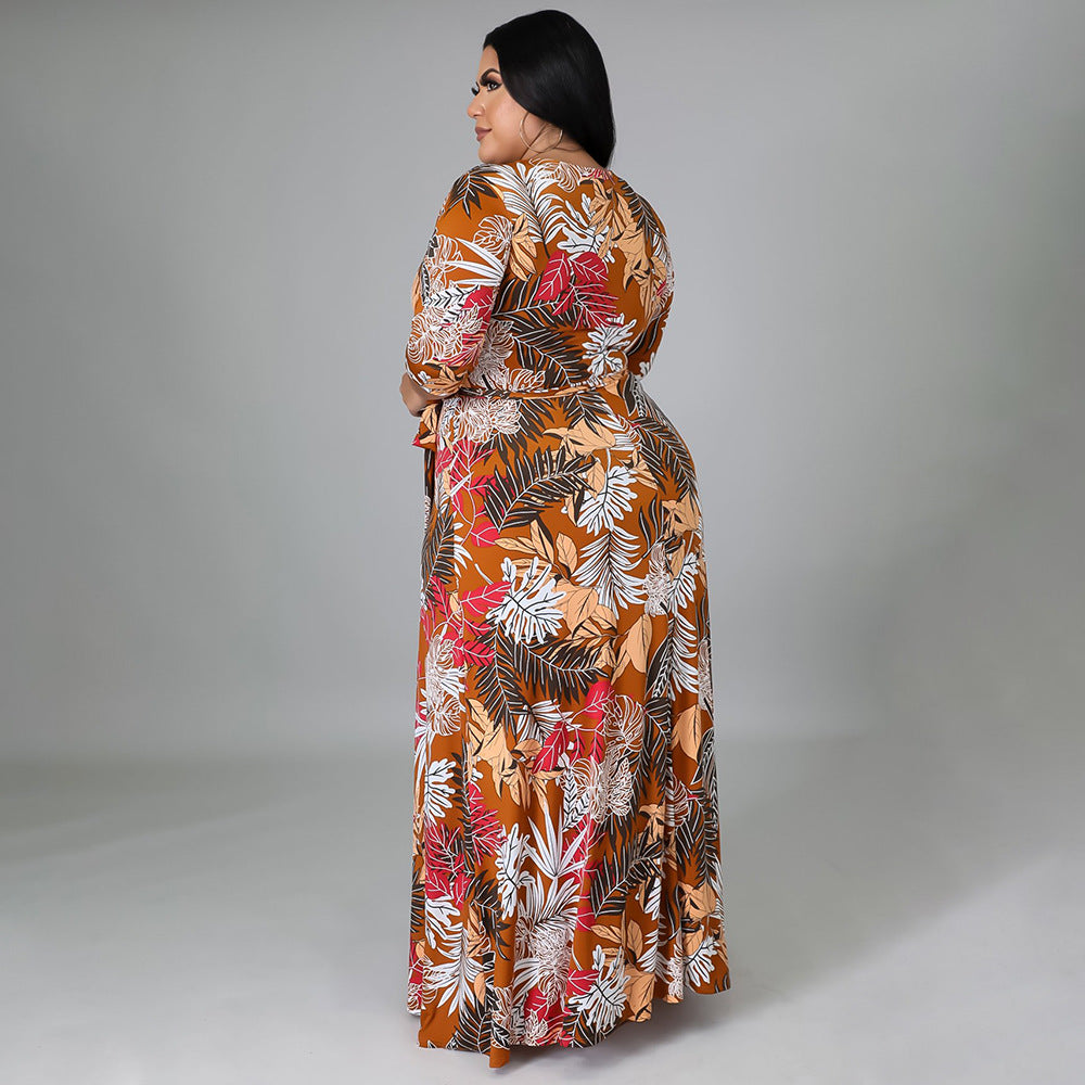 High Waist Floral Print Women Curve Wrap Dress Wholesale Plus Size Maxi Dresses