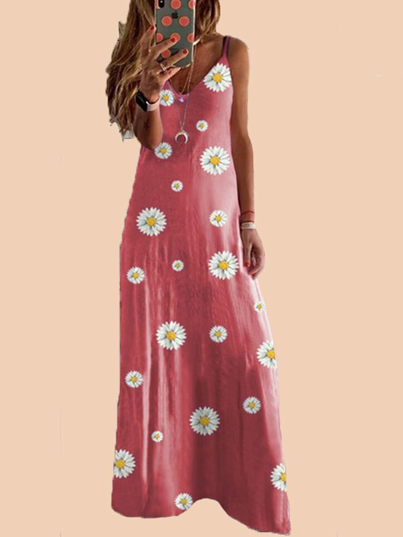 Daisy Print Spaghetti Strap Sleeveless Wholesale Maxi Dresses for Summer