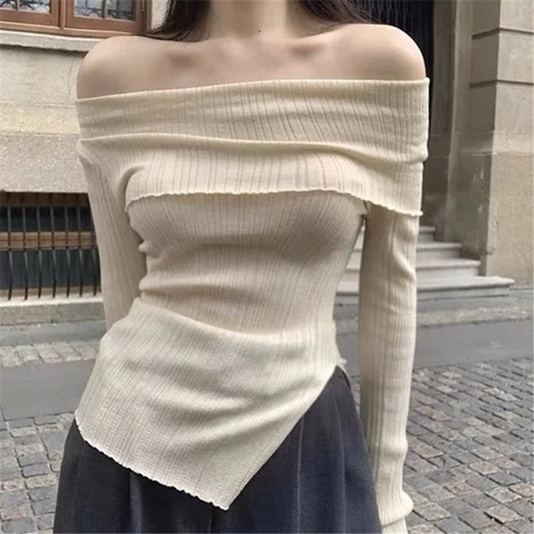 One-Shoulder Side-Slit Solid-Color Knitted Slim-Fit Ribbed Sweater Wholesale Women Top
