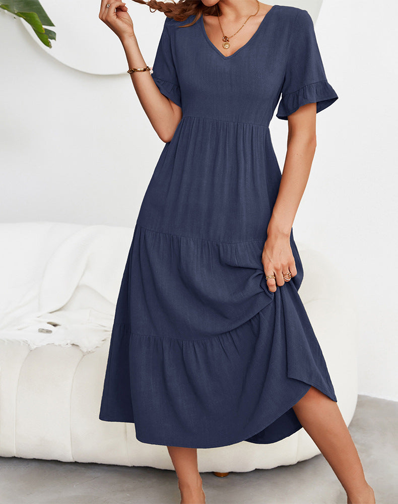Fashion Loose V-Neck Swing Dress Solid Color Short Sleeve Wholesale Dresses