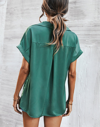 Fashion V Neck Lapel Blouse Single-Breasted Solid Color Loose Short Sleeve Womens T Shirts Wholesale