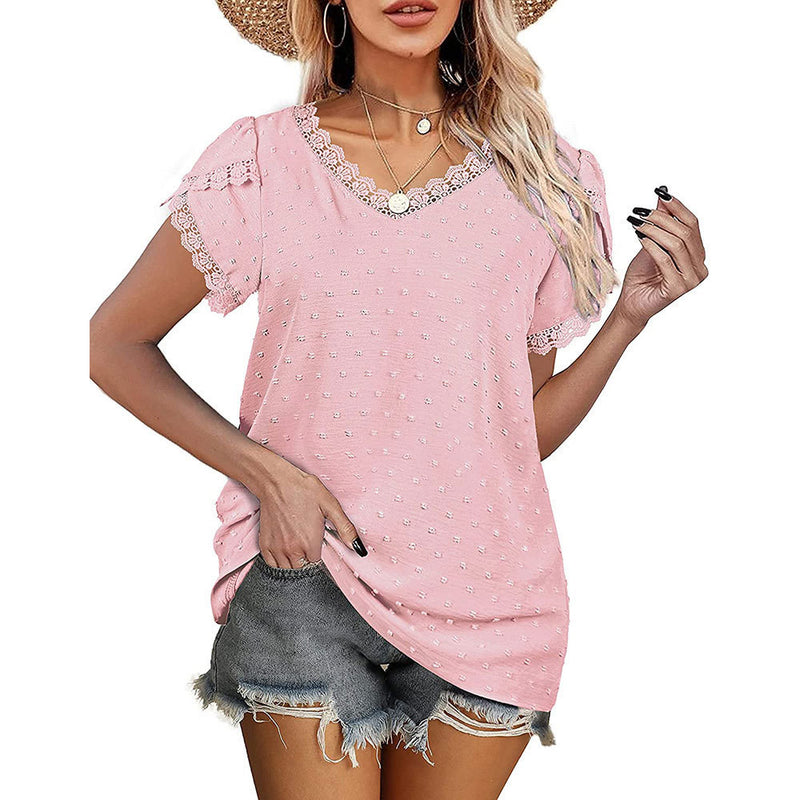 Solid Color V-Neck Petal Sleeve Jacquard Pullover Lace Flocking Women'S Tops Casual Wholesale T Shirts