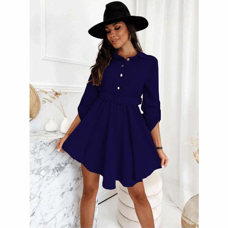 Casual Single-Breasted Shirt Dress Long Sleeve Solid Color Wholesale Dresses With Belt