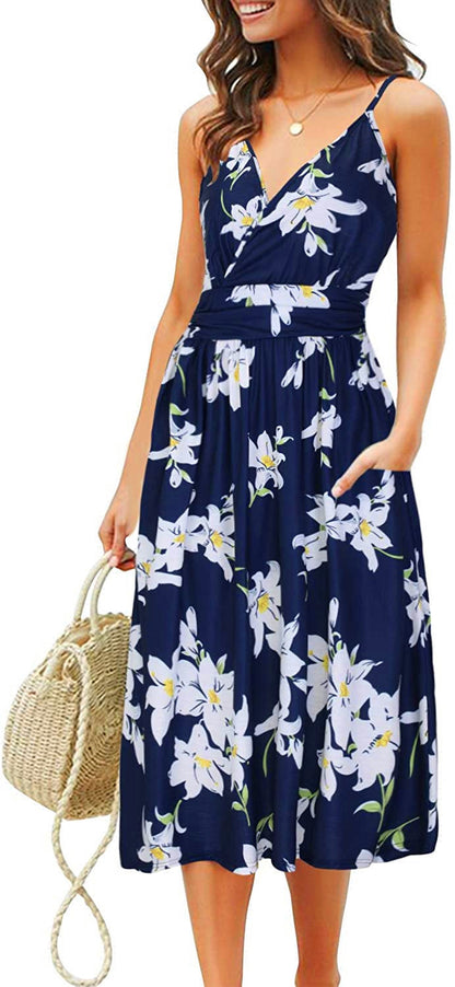 Printed Sling Dress Loose Beach Midi Dress With Pocket Casual Vacation Wholesale Dresses V Neck