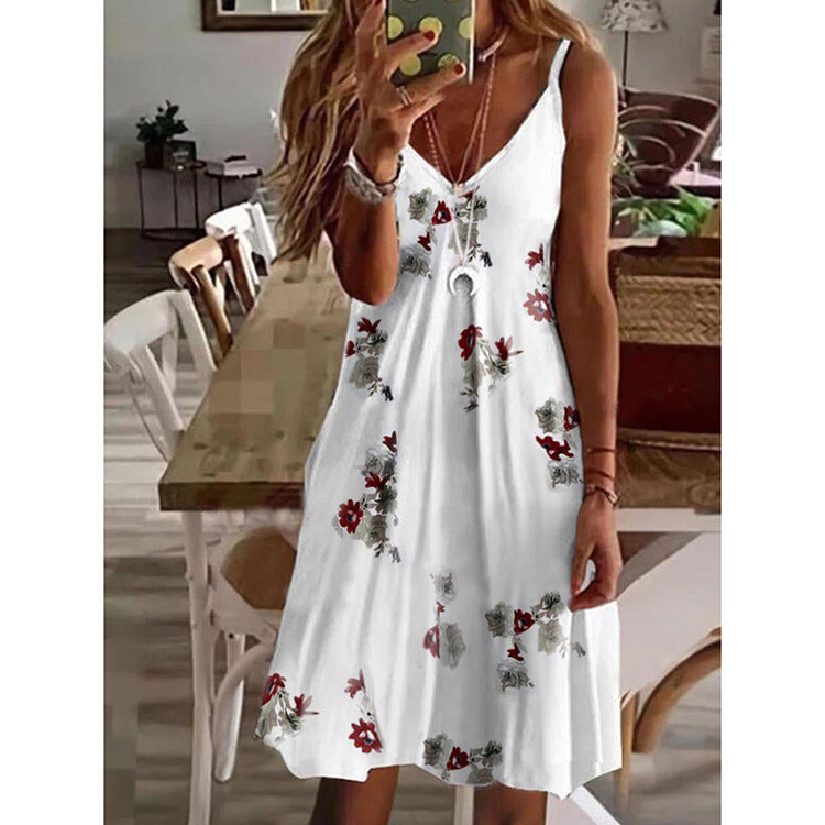 Sexy V-Neck Print Dress Loose Slip Wholesale Dresses