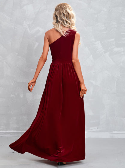 Slanted Shoulder Solid Color Hollow Sexy Slit Evening Dress Wholesale Maxi Dresses