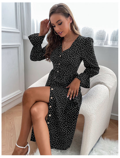 Fashion V Neck Polka Dot Dress Casual Long Sleeve Wholesale Dresses