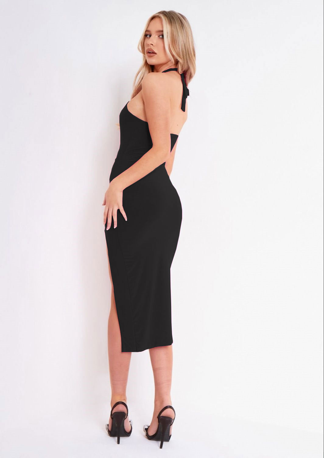 Sexy Cross Halter Midi Dress Hollow Out Bodycon Solid Color Backless Side Slit Wholesale Dresses