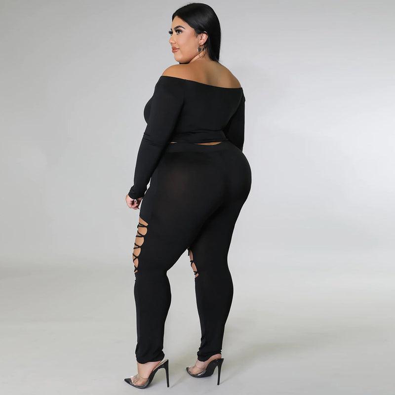 Wholesale Plus Size Women'S Clothing Solid Color Long-Sleeved One-Shoulder Drawstring Strap Tight-Fitting Two-Piece Suit