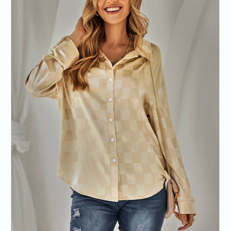 Long Sleeve Fashion Blouse Plaid Jacquard Shirt Wholesale Womens Tops