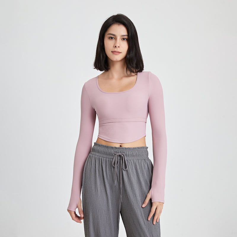 Sexy Yoga Crop Tops With Chest Pad Solid Color Long Sleeve Women Wholesale Activewear