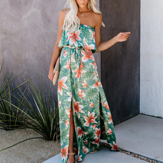 Floral Print Ruffle Lapel Slit Tube Top Dress Wholesale Maxi Dresses