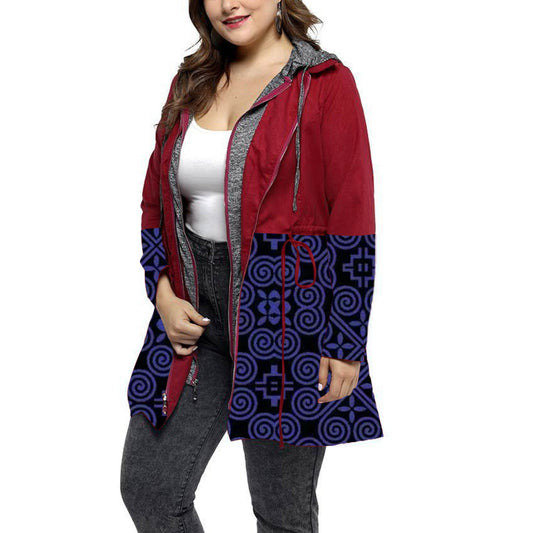 Printed Hooded Tunic Trench Curvy Jackets Wholesale Plus Size Clothing