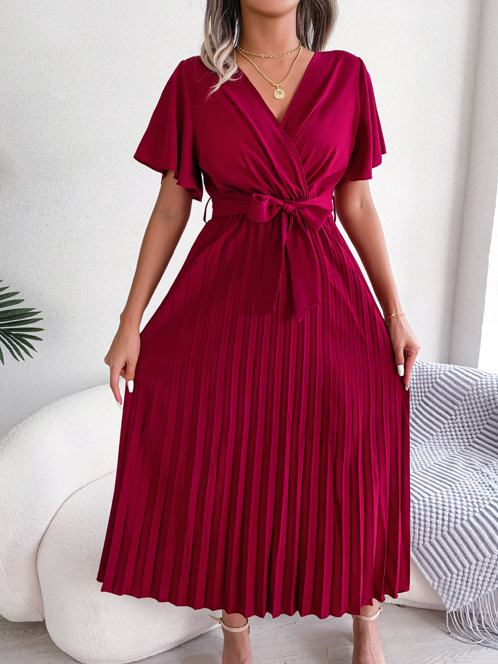 Cross V-Neck Flared Sleeve Tie-Up Pleated Dress Wholesale Dresses