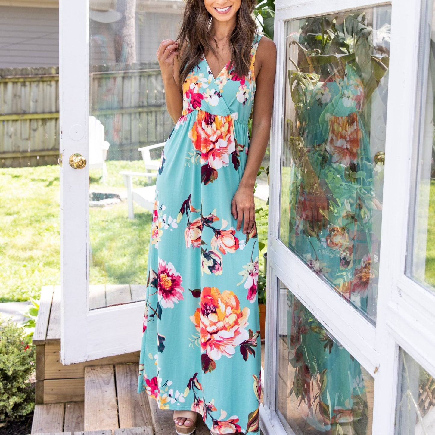 Floral Print Deep V Neck Sleeveless Resort Dress Wholesale Maxi Dresses