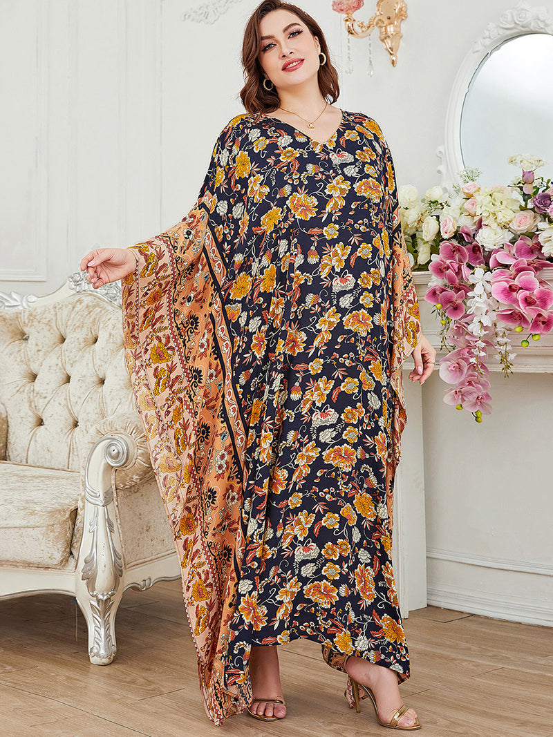 Floral Print Doll Sleeve Curvy Maxi Dresses Wholesale Plus Size Clothing