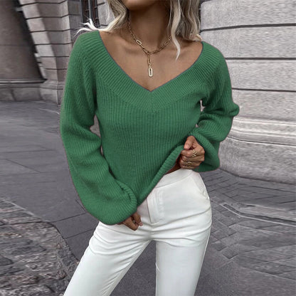 V-Neck Loose Pullover Balloon Sleeve Knit Sweater Wholesale Womens Tops