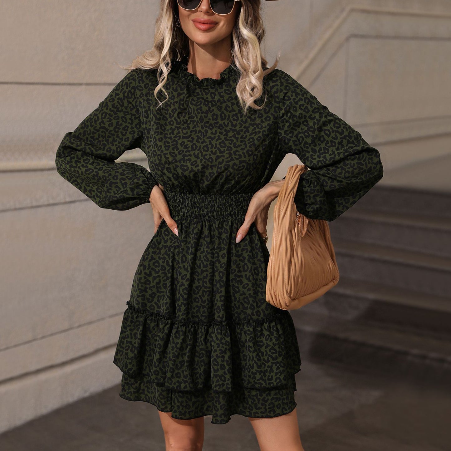 Leopard Print Stand Collar Long-Sleeve Waist Ruffled Dress Wholesale Dresses