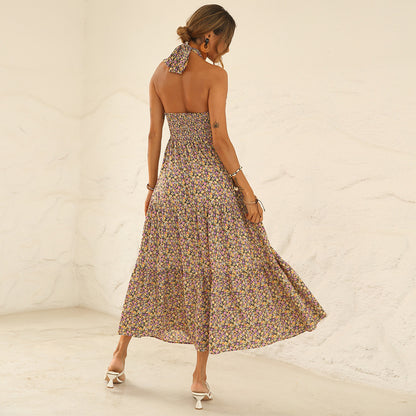 Floral Print Open Back Crossover Halterneck Big Swing Smocked Dress Vacation Wholesale Dresses