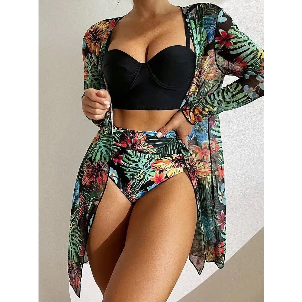 High Waist Long Sleeve Mesh Print Bikini Three-Piece Swimsuit Wholesale Women'S Clothing