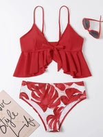 Split Womens Swimsuits Leaf Print Ruffled Lace-Up Bikini Triangle 2pcs Sets Swimwear Wholesale Vendors