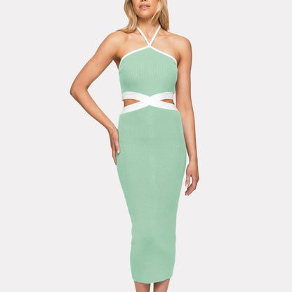 Strap Halter Neck Open Back Sexy Colorblock Bodycon Dress Wholesale Dresses