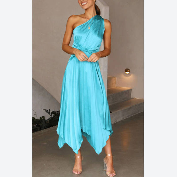 One Shoulder Midi Irregular Pleated Satin Dress Wholesale Dresses