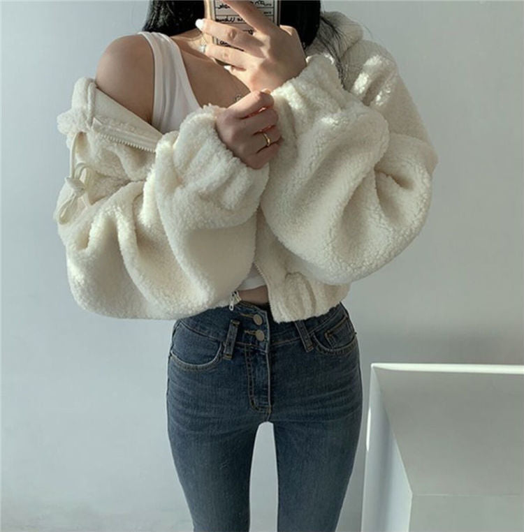 All-Match Simple Casual Loose Warm Thickened Short Hooded Jacket Wholesale Women Top