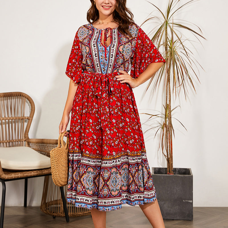 Wholesale Plus Size Women Clothing Ethnic Style Floral Bat Sleeve Slim Midi Dress Wholesale Dresses