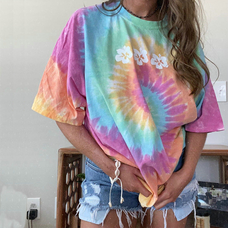 Summer Tie-Dye Top Short Sleeve Loose Crew Neck Womens T Shirts Wholesale