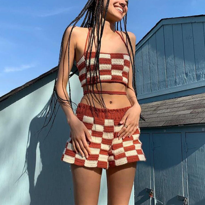Knit Checkerboard Sexy Suits Ultra-Short Vests & Shorts Wholesale Women'S 2 Piece Sets