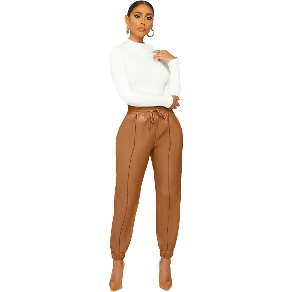 Solid Color PU Casual Pants Elastic Waist Wholesale Women'S Leather Trousers Bloomers