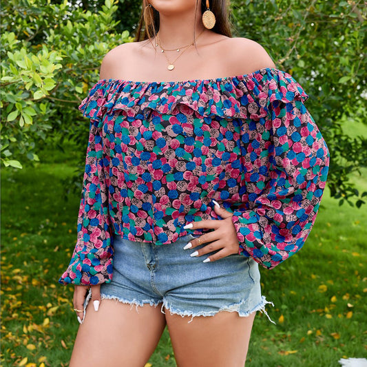 Sexy Off-Shoulder Printed Shirt Tops Long Sleeve Ruffled Wholesale Plus Size Clothing