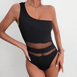 Sexy Solid Color Tight Mesh Sleeveless One Shoulder Bodysuit Wholesale Women Clothing