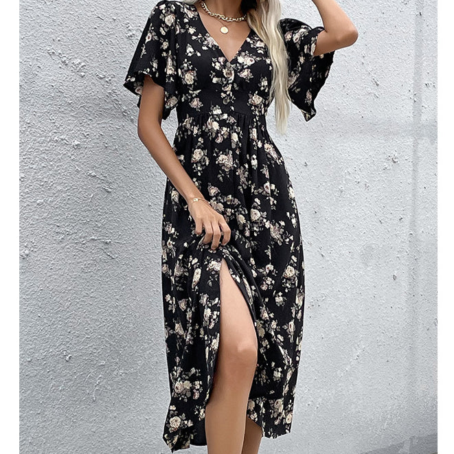 Button Flare Short Sleeve Wholesale Floral Shirt Dress