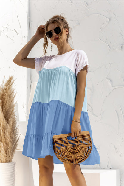 Round Neck Colorblock Ruffles Short Sleeve Loose Smocked Dresses Casual T Shirt Dress Wholesale