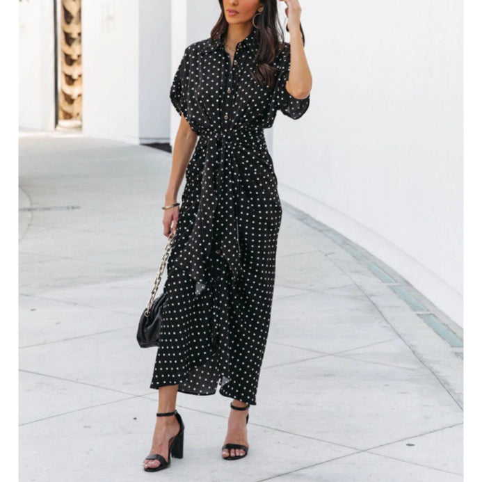 Polka Dot Print Lace-Up Ruched Shirtdress Wholesale Shirt Dresses