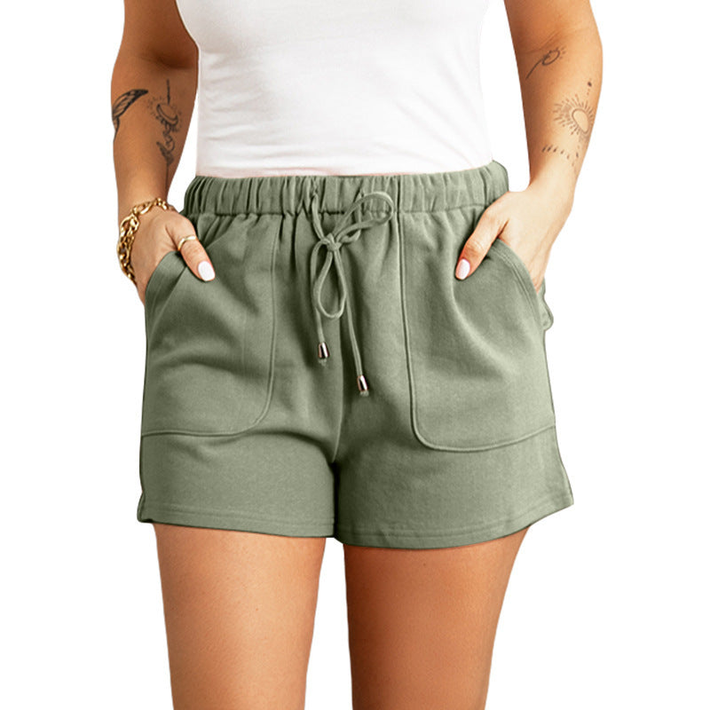 Plain Color Elastic Waist Drawstring Wide Leg Wholesale Shorts with Pockets for Summer