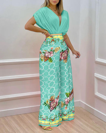 Dolman Sleeve Floral Printed Deep-V Bodysuits & Wide-Leg Pants Wholesale Womens 2 Piece Sets