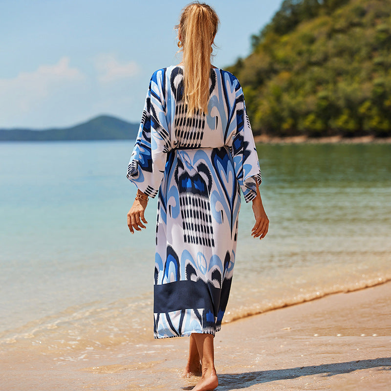 Vacation Sunscreen Beach Bikini Swimsuit Blouse Printed Long-Sleeved Dress Wholesale Dresses