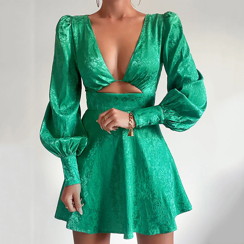 Sexy Deep V-Neck Cutout Satin A-Line Dress Wholesale Dresses