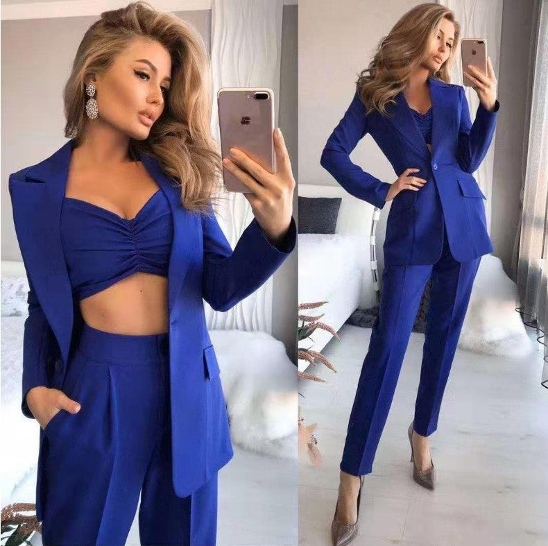 Solid Color Loose Blazer & Inner Top & Pants 3pcs Suits Wholesale Women Sets