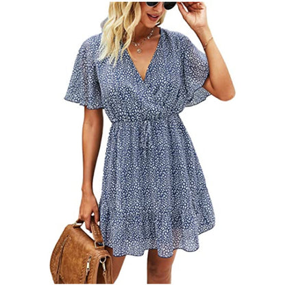 Dot Print Short Sleeve Ruffles V Neck Lace-Up Chiffon Short Flowy Swing Dress Casual Wholesale Dresses