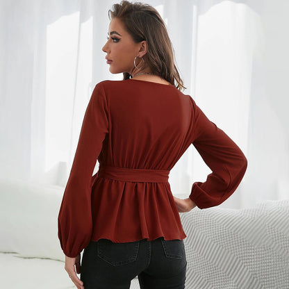 Casual Square Neck Lace-Up Long Sleeve Ruffle Blouse Wholesale Womens Long Sleeve T Shirts