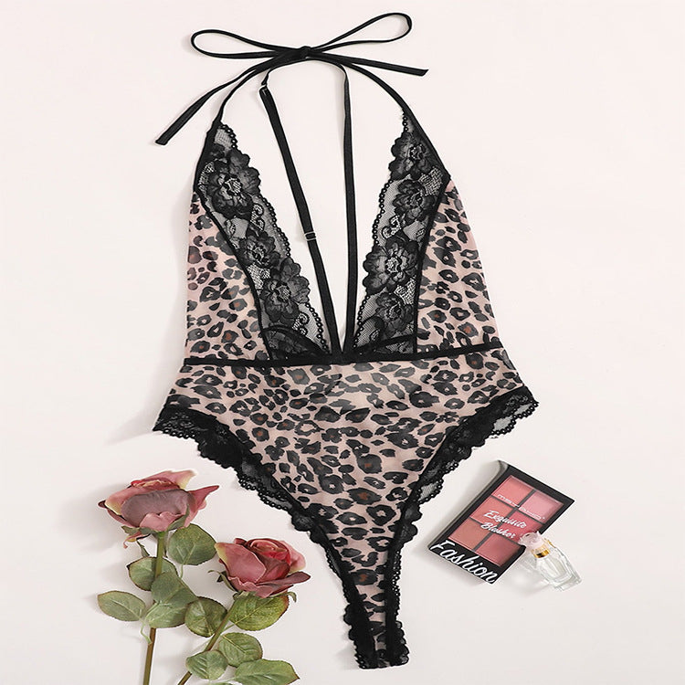 Sexy Leopard Print Lace Halterneck Mesh Sheer Wholesale Plus Size Lingerie For Women