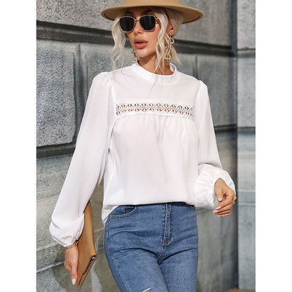 Casual Hollow Out Half High Neck Blouse Wholesale Womens Long Sleeve T Shirts