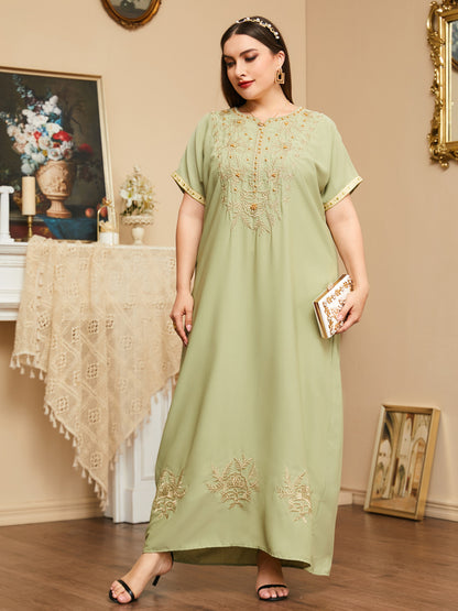 Embroidered Beaded Short-Sleeved Maxi Dresses Wholesale Plus Size Clothing