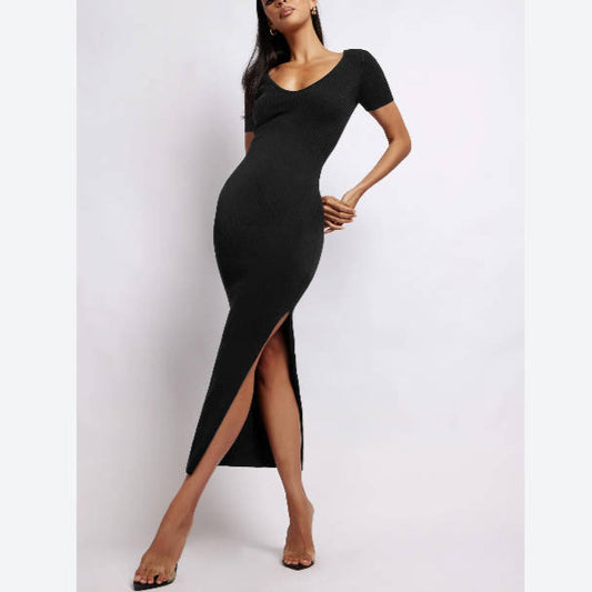 Sexy Solid Color V-Neck Tight Slit Bodycon Dress Wholesale Dresses