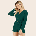 Casual V-Neck Long Sleeve Single Breasted Slim Lace-up Solid Color Wholesale Rompers